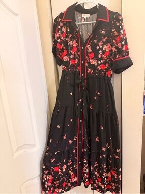 entro Black Midi Dress with Red Floral Print and Contrast Piping